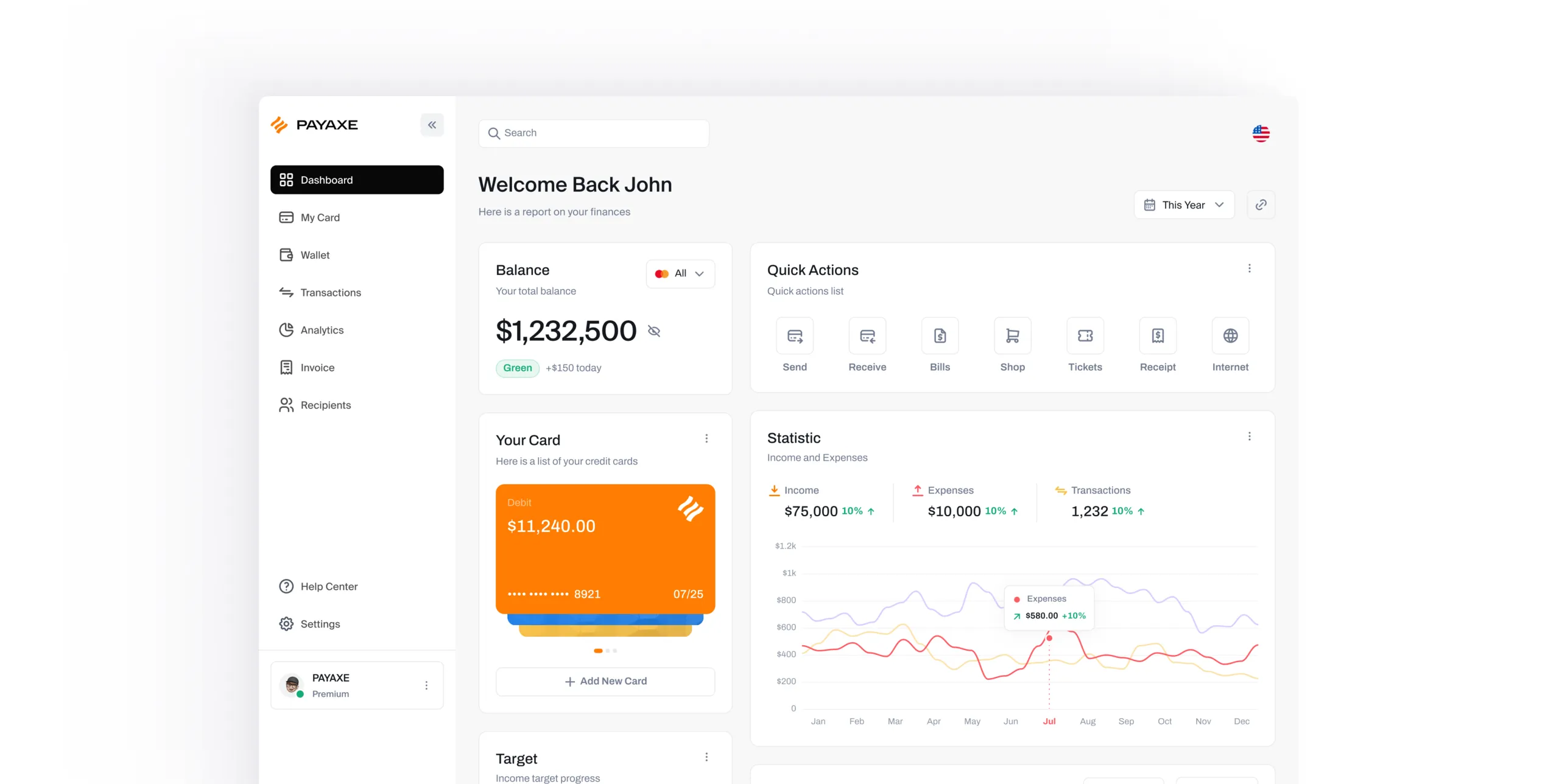 PayAxe e-wallet cabinet dashboard with balance, quick actions and statistics